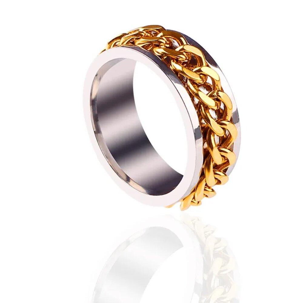 3/$35 Two Tone Stainless Steel Band Ring Gold Chain Design Unisex Men Women